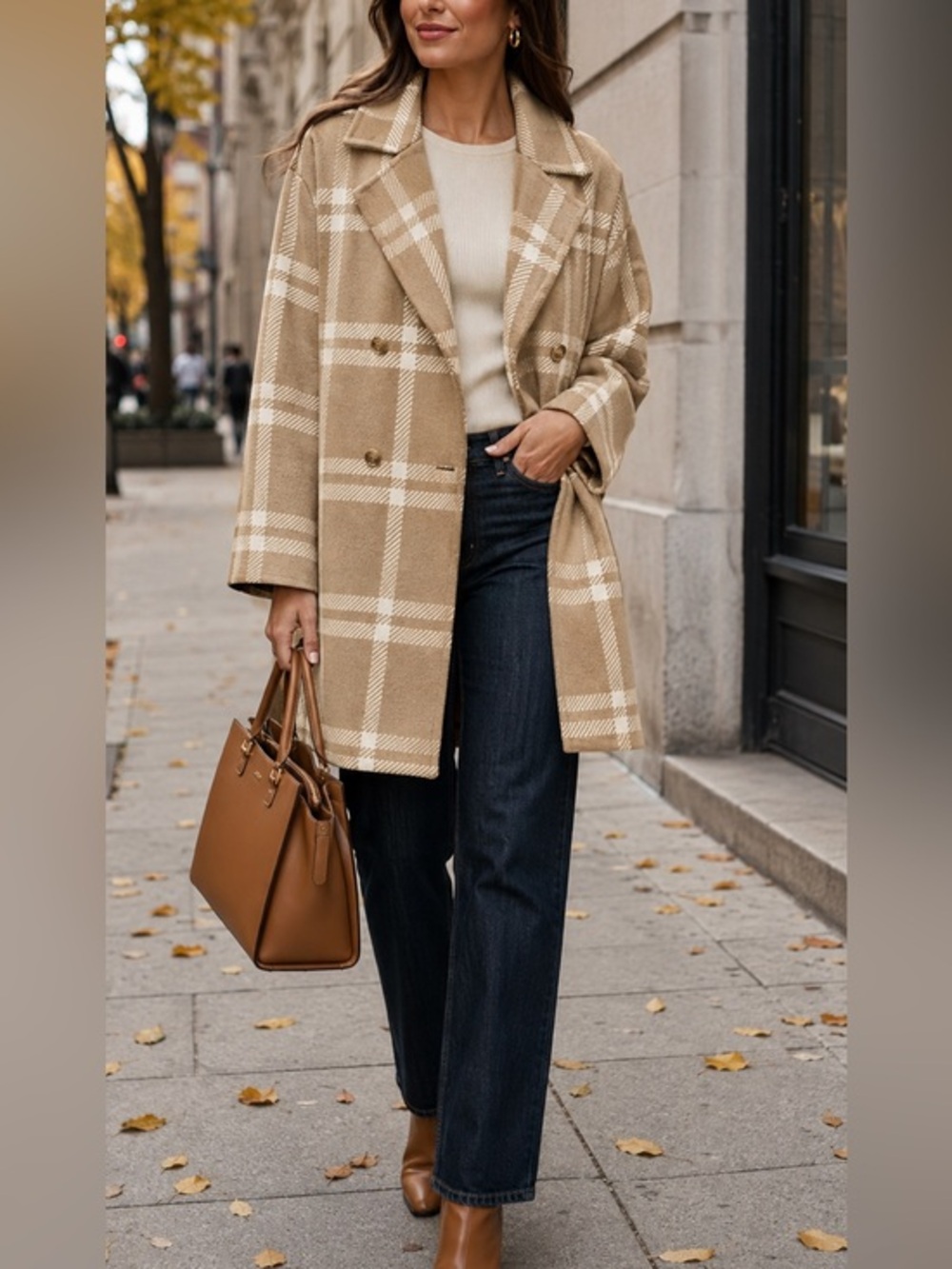 Anne Klein Camel & White Plaid Cardigan Coat